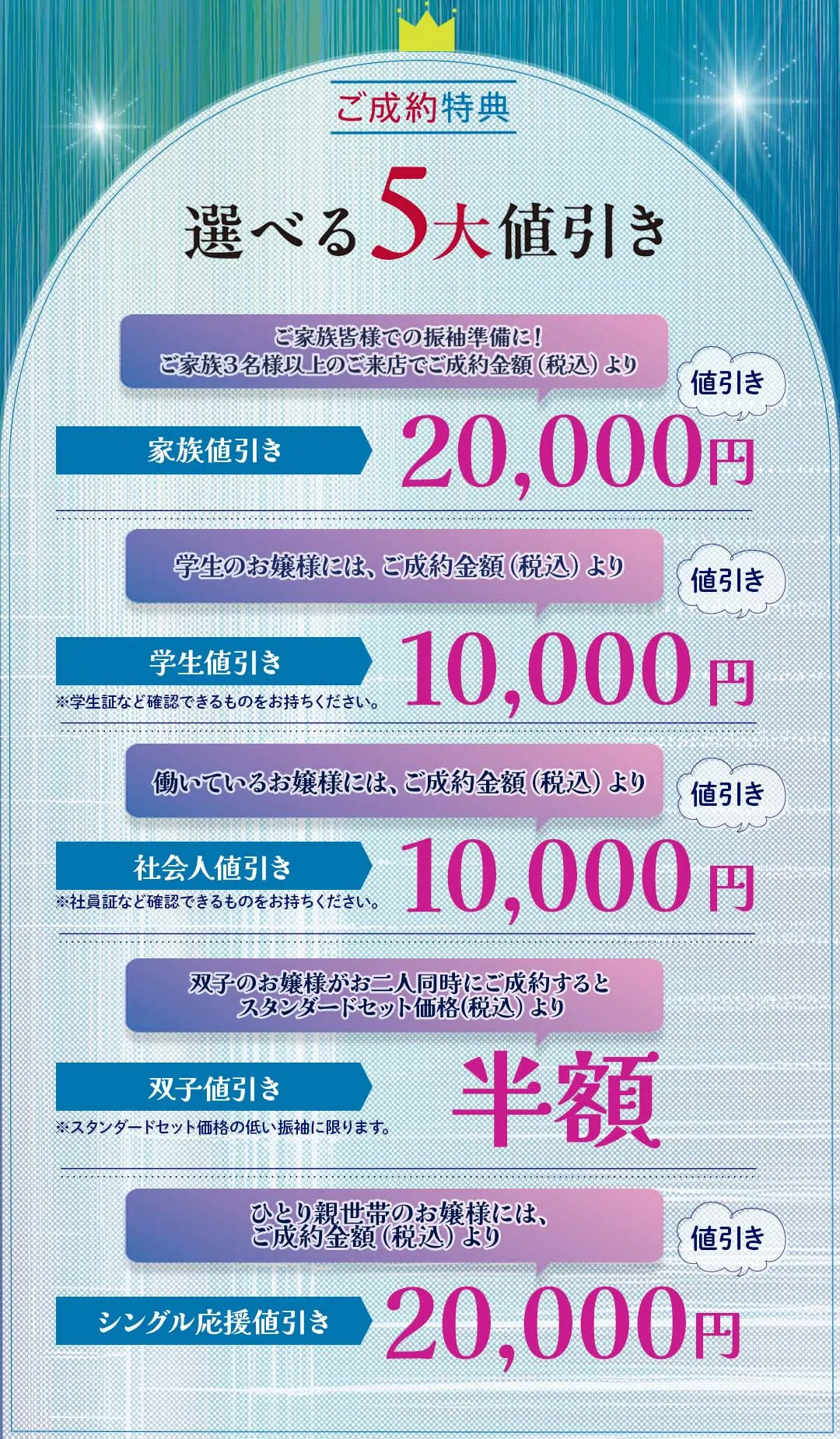 オンディーヌ振袖トゥインクルセールご成約特典１ 選べる5大特典家族値引き・ご家族皆様での振袖準備に！ ご家族3名様以上のご来店でご成約金額（税込）より 2万円値引き、学生値引き・学生のお嬢様には、ご成約金額（税込）より1万円値引き※学生証など確認できるものをお持ちください。社会人値引き・働いているお嬢様には、ご成約金額（税込）より1万円値引き　※社員証など確認できるものをお持ちください。双子値引き・双子のお嬢様がお二人同時にご成約すると スタンダードセット価格（税込）より半額※スタンダードセット価格の低い振袖に限ります。シングル応援値引き・ひとり親世帯のお嬢様には、ご成約金額（税込）より2万円値引き