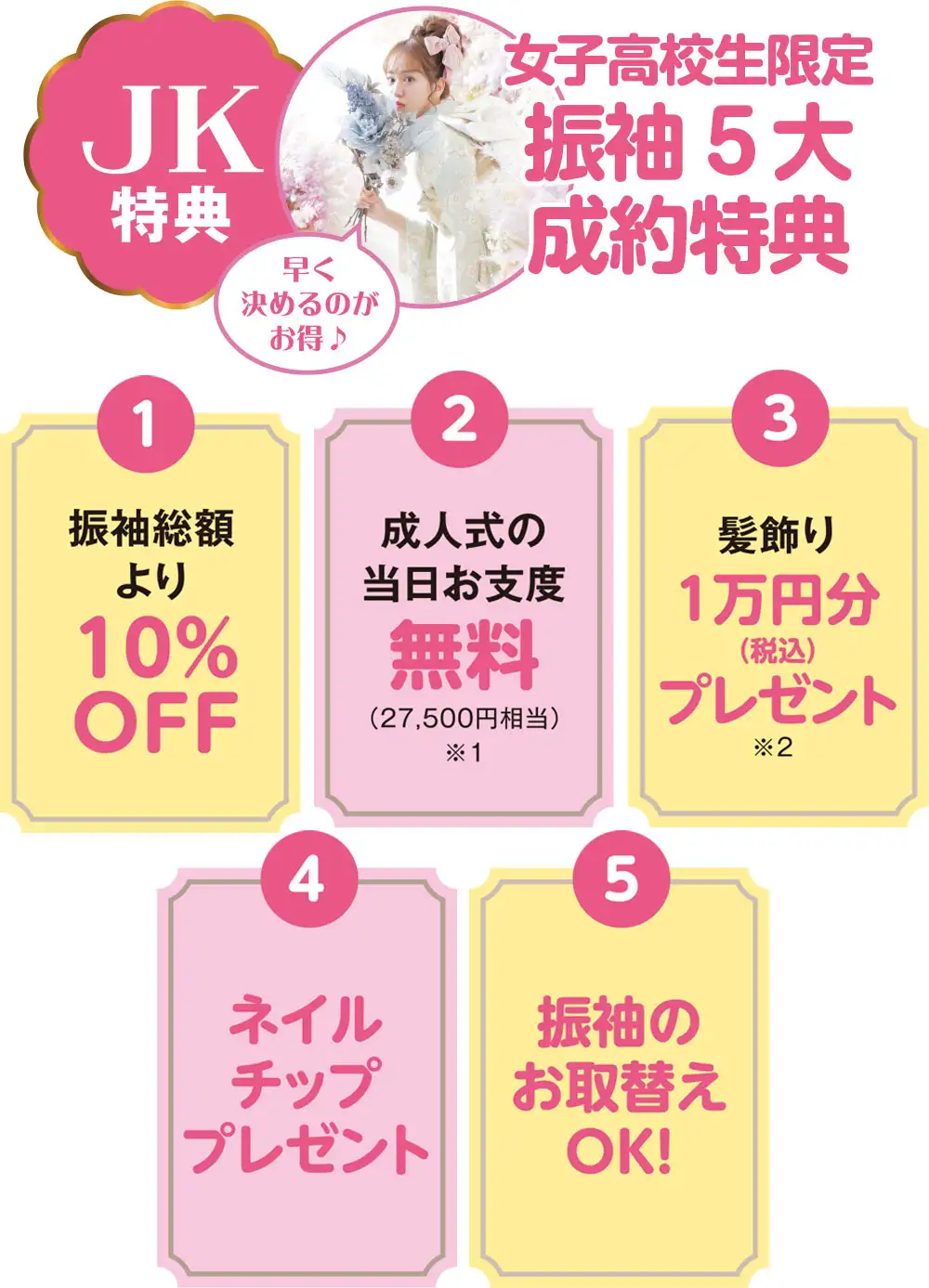 女子高校生限定振袖5大成約特典　1：振袖総額より10%OFF　2：成人式の当日お支度2万7千5百円相当無料　3：髪飾り1万円分(税込)プレゼント　4：ネイルチッププレゼント　5：振袖のお取替えOK