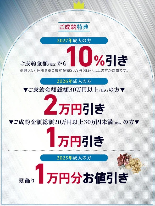 オンディーヌ振袖トゥインクルセールご成約特典 2027年成人の方 ご成約金額（税込）から 10％引き※ 最大5万円引き※ご成約金額20万円（税込）以上の方が対象です。 2026年成人の方 ご成約金額総額30万円以上（税込）の方 2万円引き　ご成約金額総額20万円以上（税込）30万円未満（税込）の方1万円引き 2025年成人の方 髪飾り1万円分お値引き