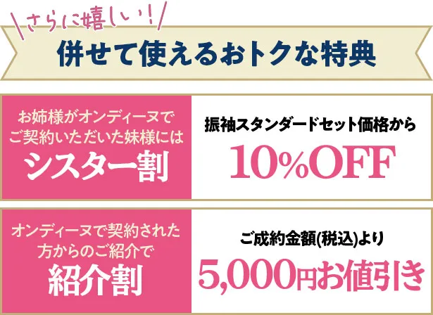 併せて使えるお得な成約特典　お姉さまがオンディーヌで契約いただいた妹様にはシスター割で振袖スタンダードセット価格から10%OFF　オンディーヌで契約された方からの紹介で紹介割　ご成約金額から5000円引き