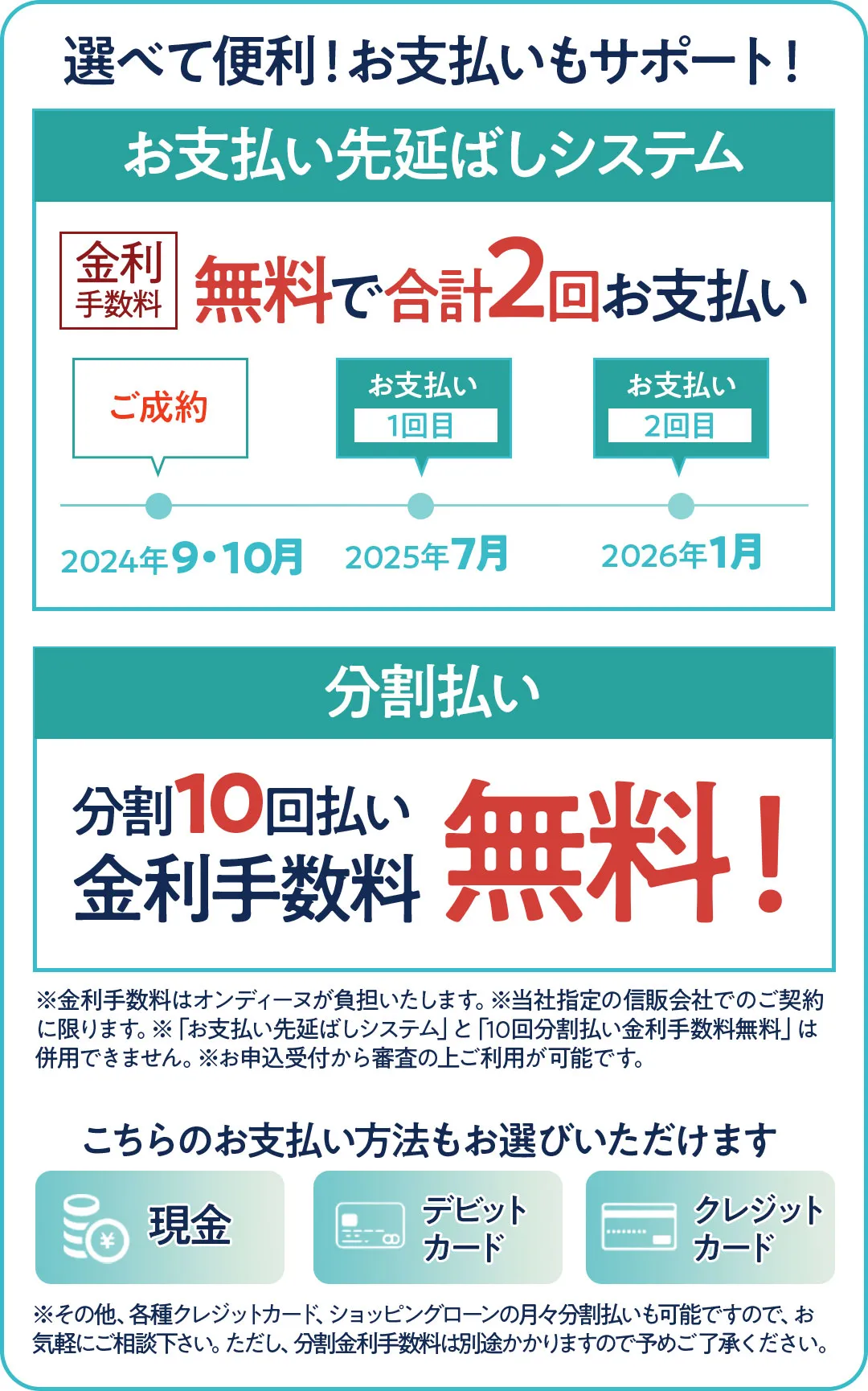 お支払い先延ばしシステム　金利手数料無料で合計2回お支払い可能　分割10回払い金利手数料無料