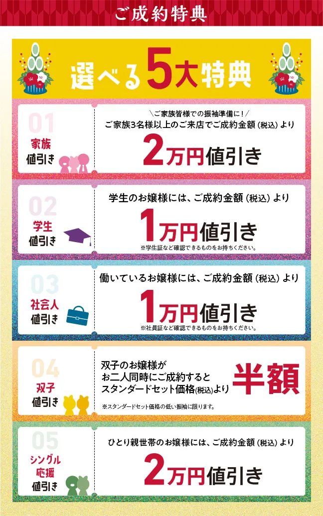 選べるご成約特典　家族値引き2万円もしくはひとり親世帯値引き2万円もしくは双子割半額値引きもしくは学生値引き1万円もしくは社会人値引き1万円