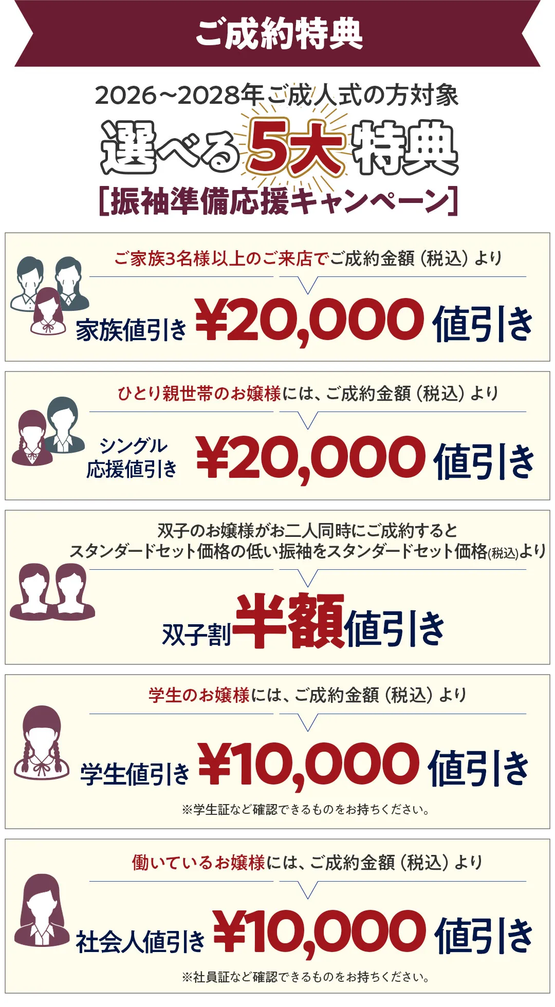 選べるご成約特典　家族値引き2万円もしくはひとり親世帯値引き2万円もしくは双子割半額値引きもしくは学生値引き1万円もしくは社会人値引き1万円