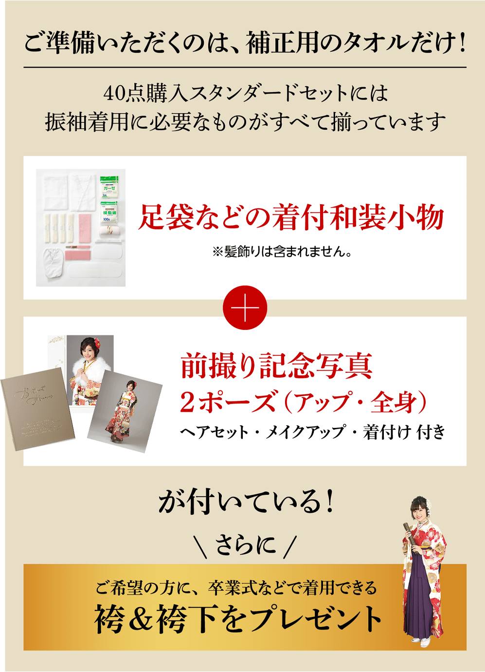 40点購入スタンダードセットには、振袖着用に昼様なものが全て揃っています